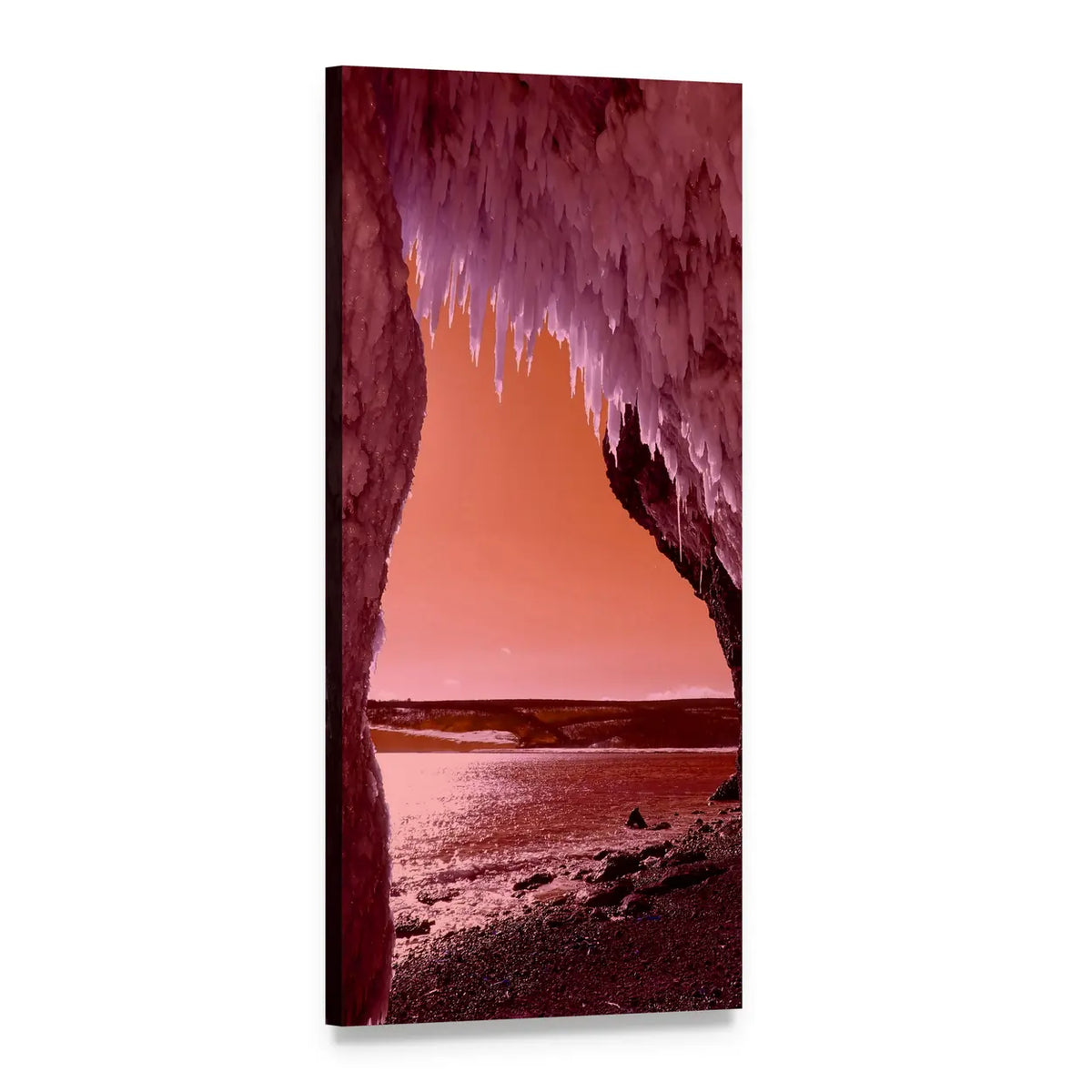 Winter Beach Cave with Icicles Vertical Canvas Wall Art, 1 panel 1 Vertical layout gallery wrapped canvas set, angled product view