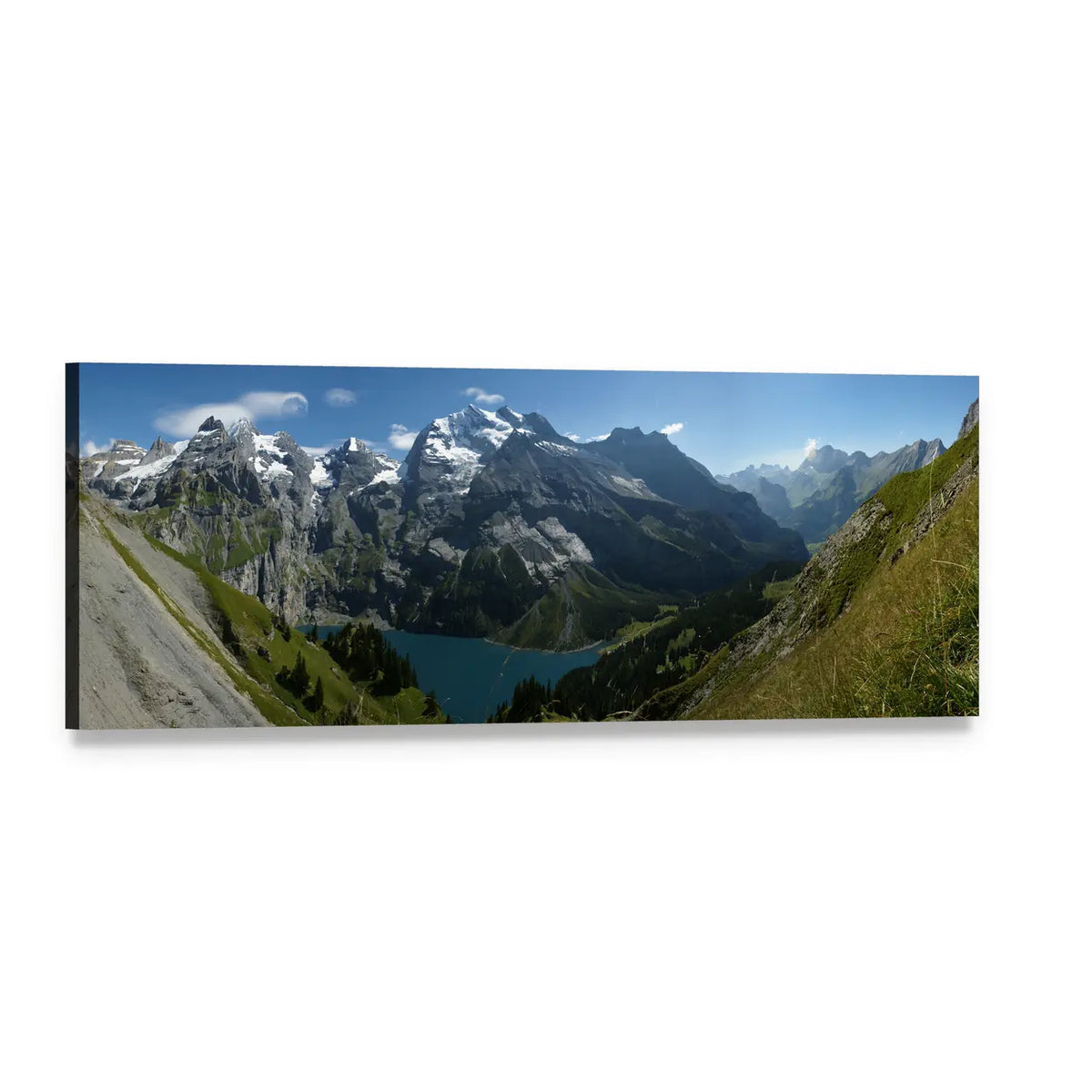 Turquoise Alpine Lake with Snow-capped Peaks Panoramic Canvas Wall Art, single panel gallery wrapped canvas, angled product view