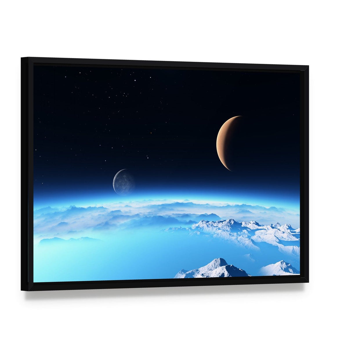 Icy Planet with a Moon Canvas Wall Art, framed canvas in a black floater frame, angled product view
