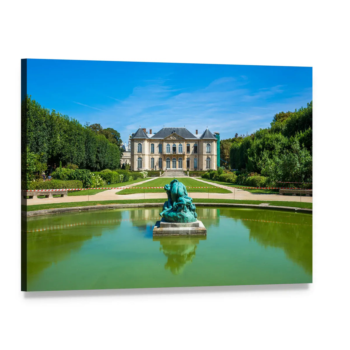 Manor House with Sculpture Fountain and Reflecting Pond Canvas Wall Art, single panel gallery wrapped canvas, angled product view