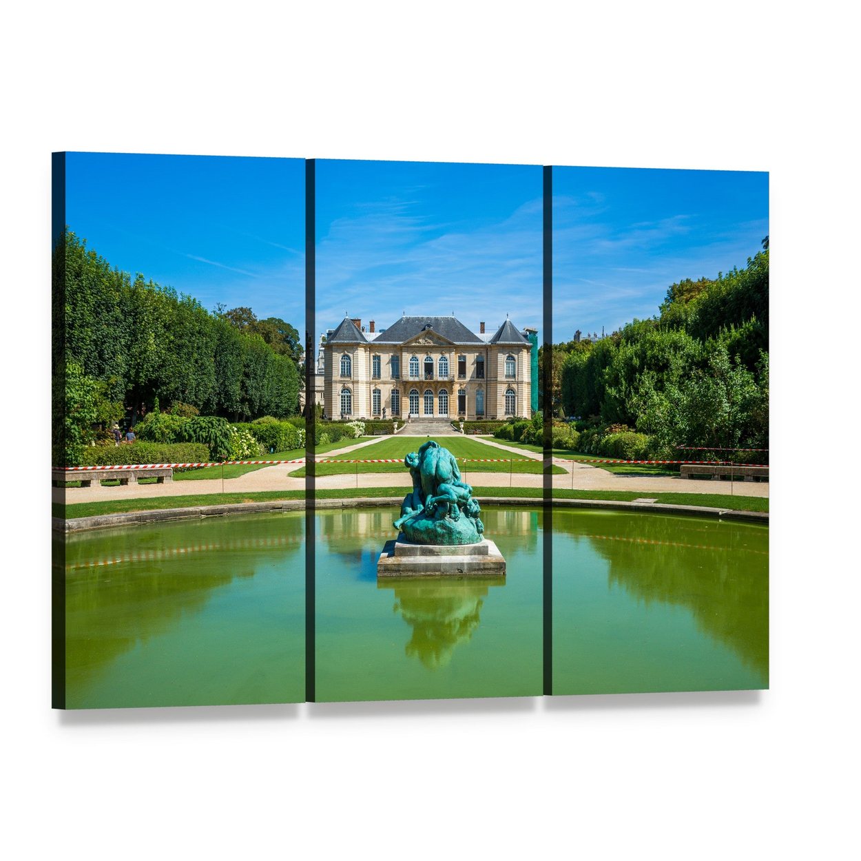 Rodin Museum Garden with Fountain Canvas Wall Art, 3 panel 3 Horizontal layout gallery wrapped canvas set, angled product view