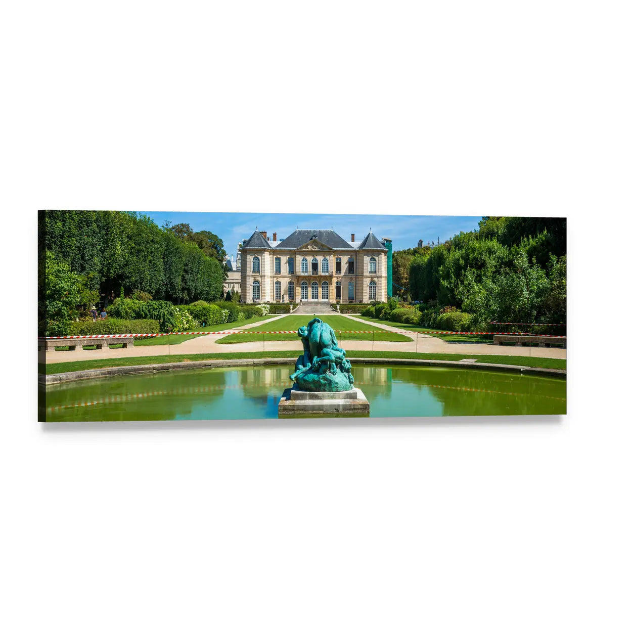 Neoclassical Museum Garden with Bronze Statue Panoramic Canvas Wall Art, single panel gallery wrapped canvas, angled product view