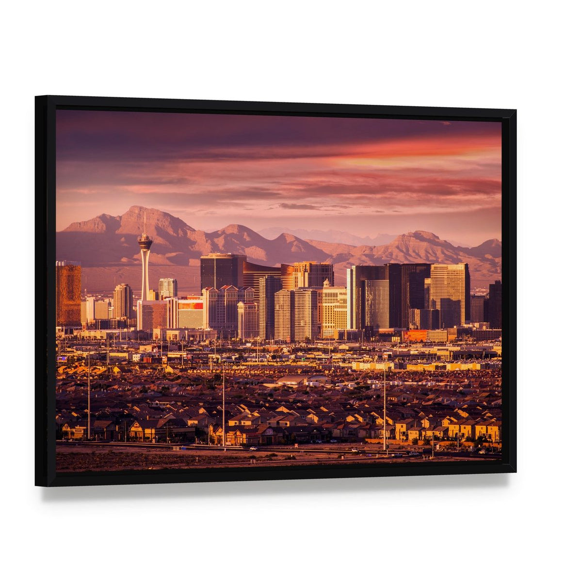 Las Vegas Strip Skyline Canvas Wall Art, framed canvas in a black floater frame, angled product view