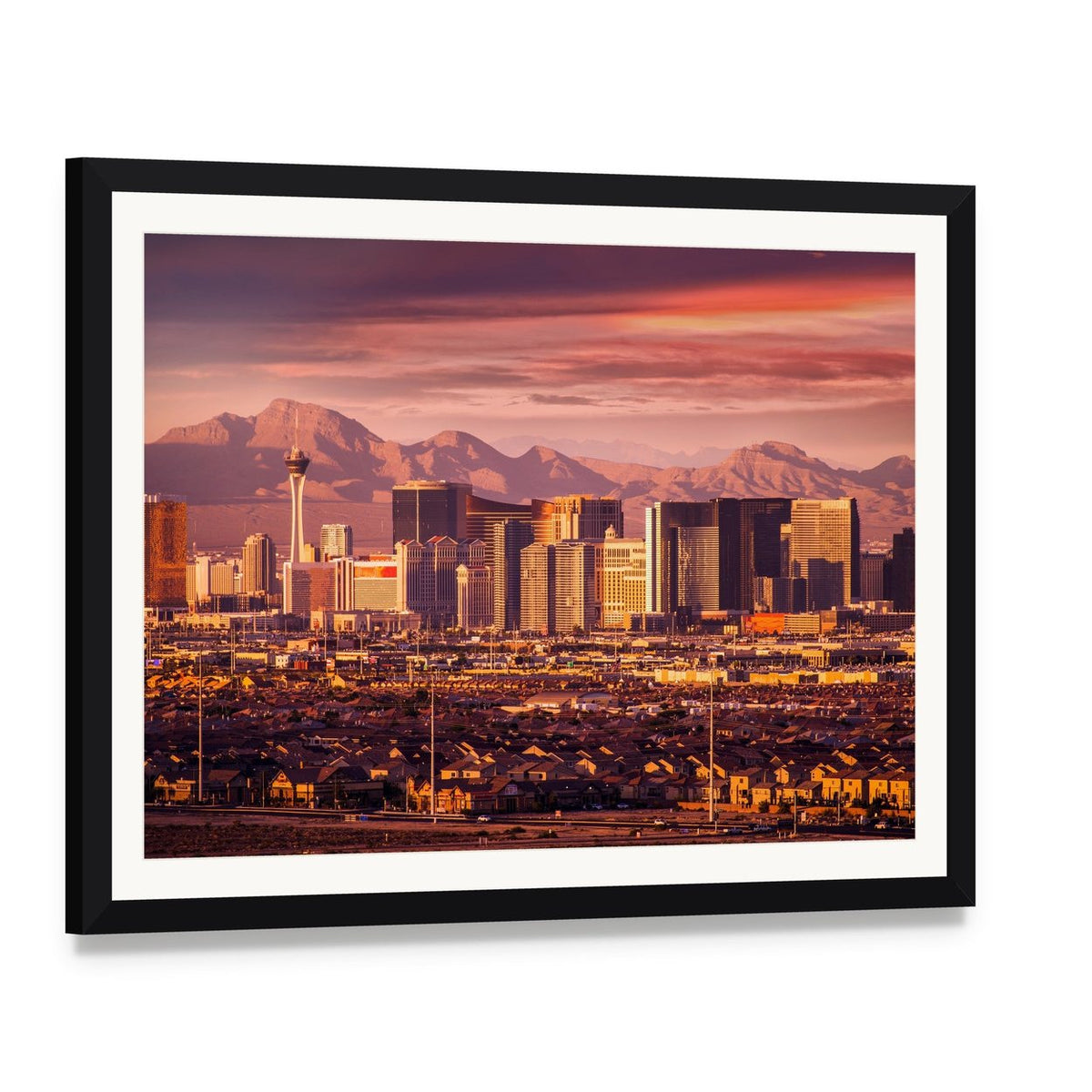 Las Vegas Strip Skyline Canvas Wall Art, framed print with white mat and black frame, angled product view