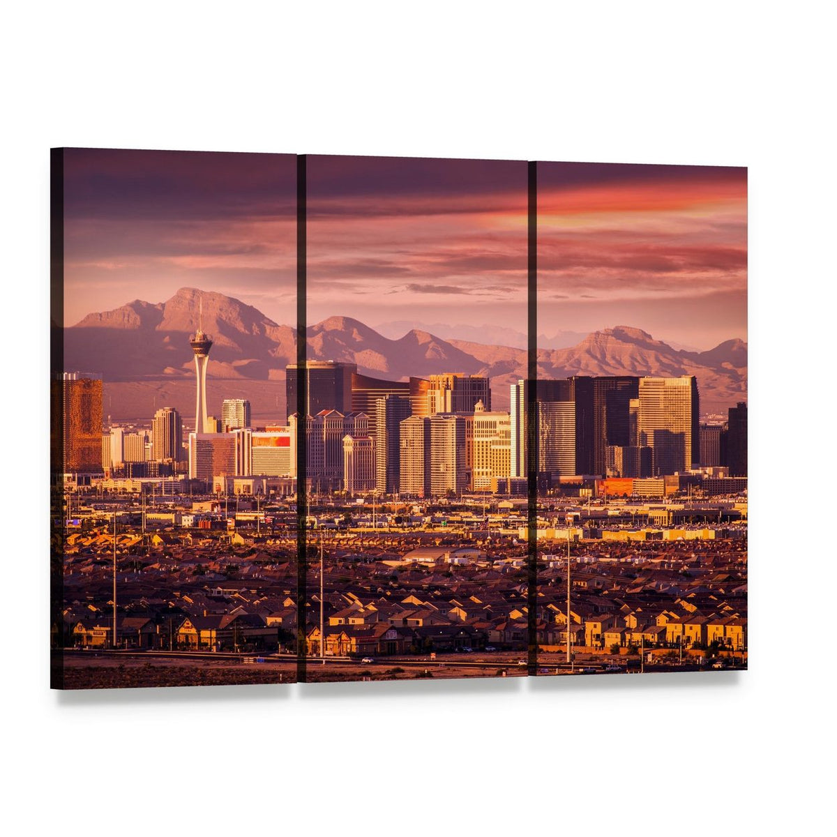 Las Vegas Strip Skyline Canvas Wall Art, 3 panel 3 Horizontal layout gallery wrapped canvas set, angled product view