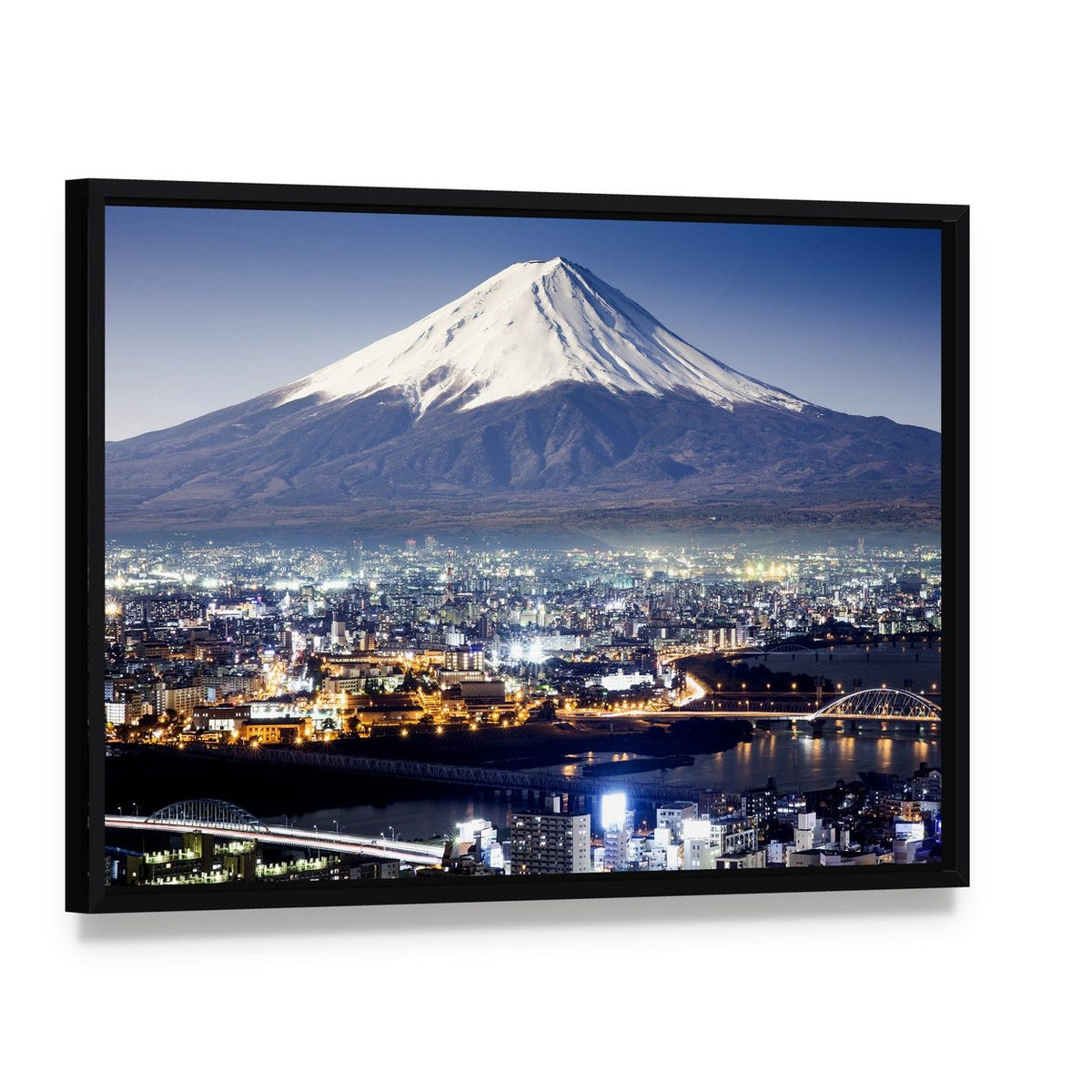 Mount Fuji Over City Lights Canvas Wall Art, framed canvas in a black floater frame, angled product view
