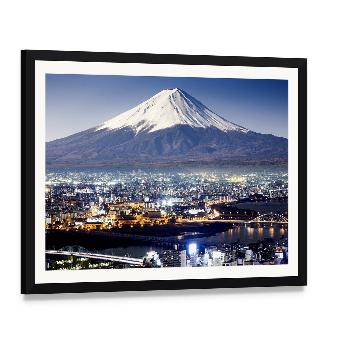 Mount Fuji Over City Lights Canvas Wall Art, framed print with white mat and black frame, angled product view