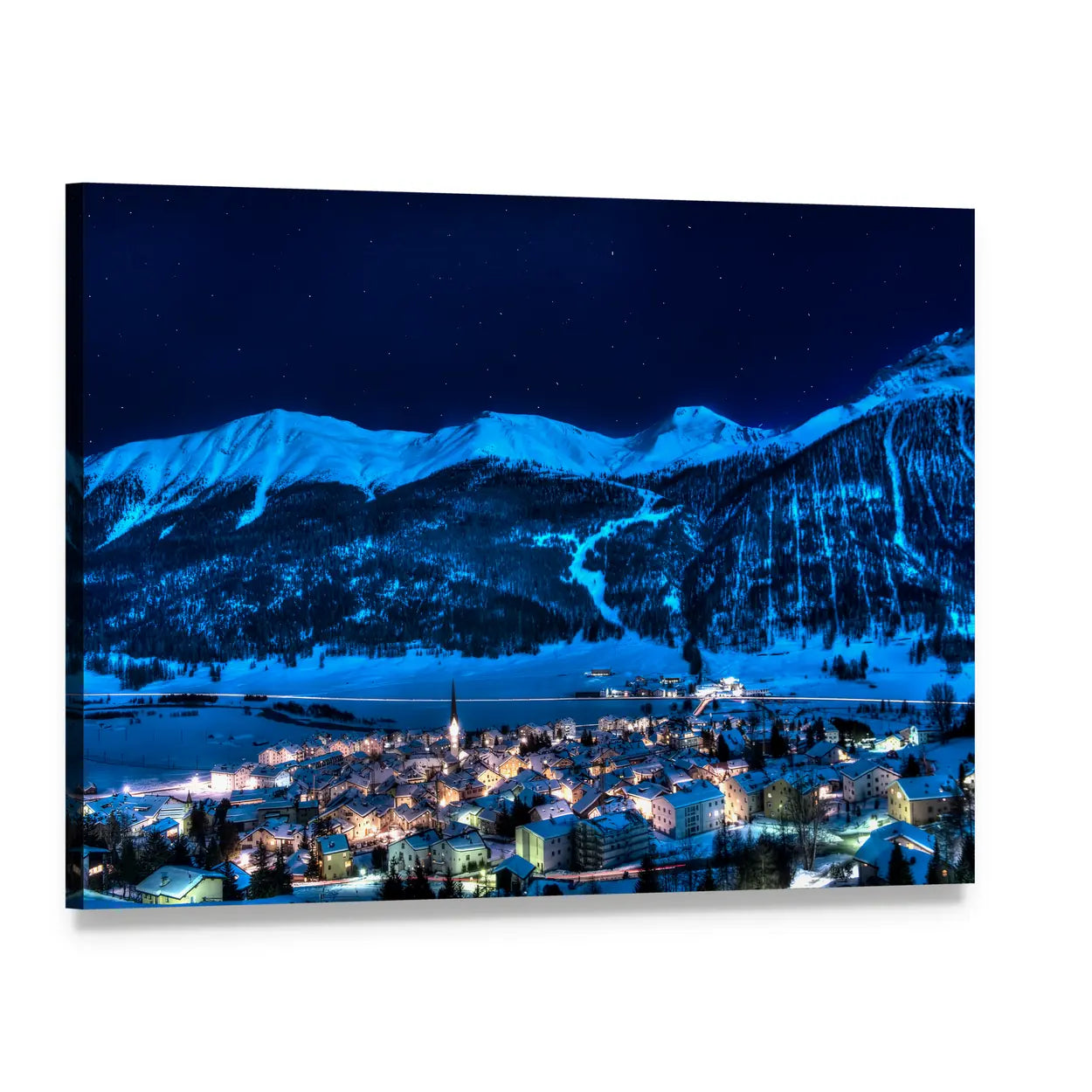 Zuoz Engadin Switzerland Winter Night Village Canvas Wall Art, single panel gallery wrapped canvas, angled product view
