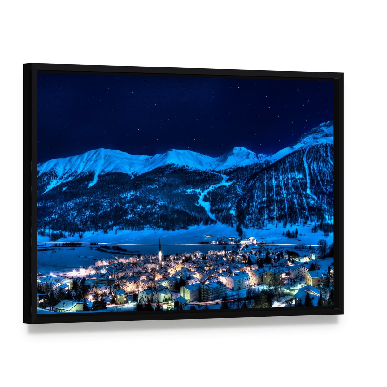 Winter Night in Zuoz, Switzerland Canvas Wall Art, framed canvas in a black floater frame, angled product view