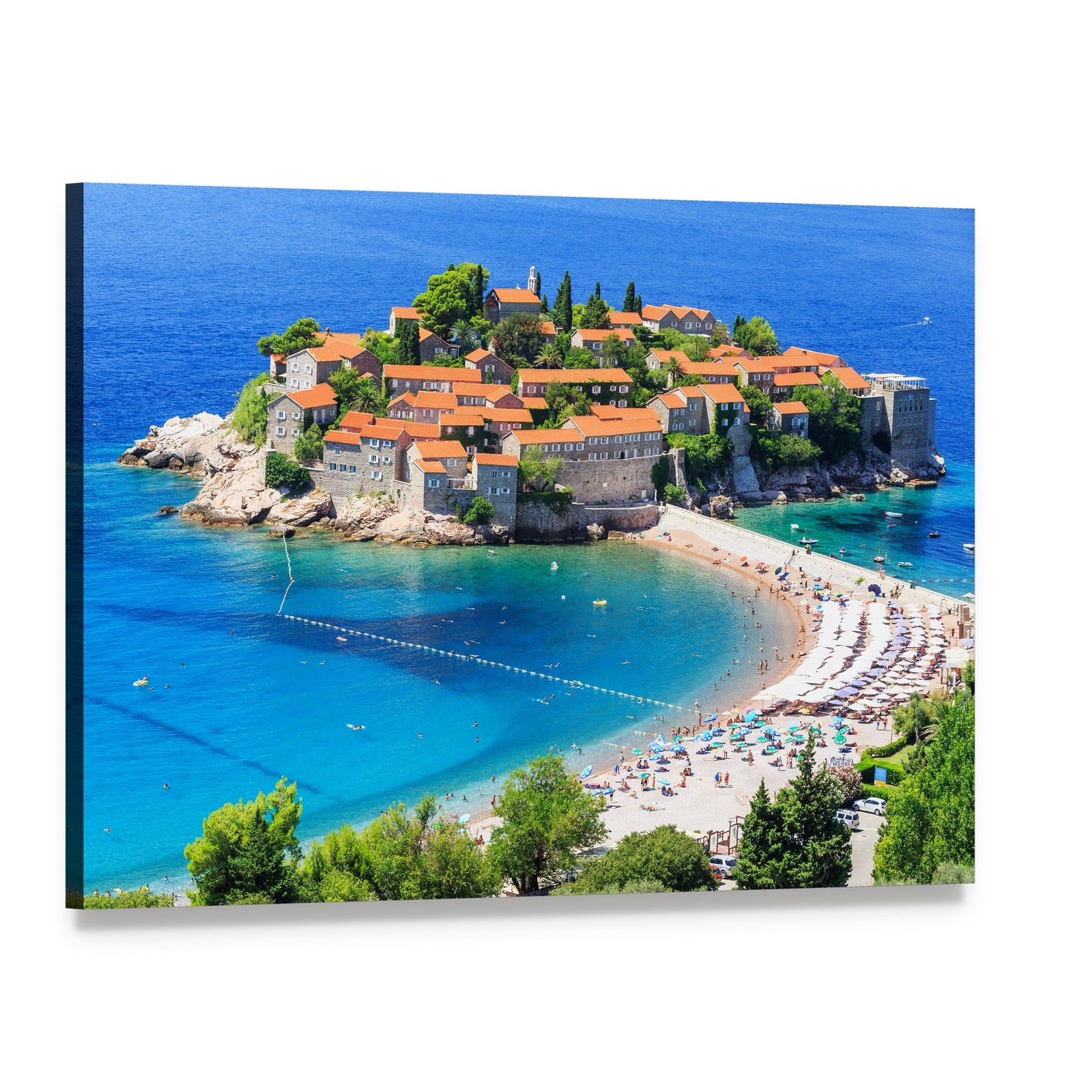 Sveti Stefan Island View Canvas Wall Art, single panel gallery wrapped canvas, angled product view