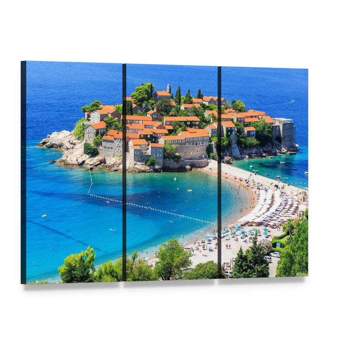 Sveti Stefan Island View Canvas Wall Art, 3 panel 3 Horizontal layout gallery wrapped canvas set, angled product view
