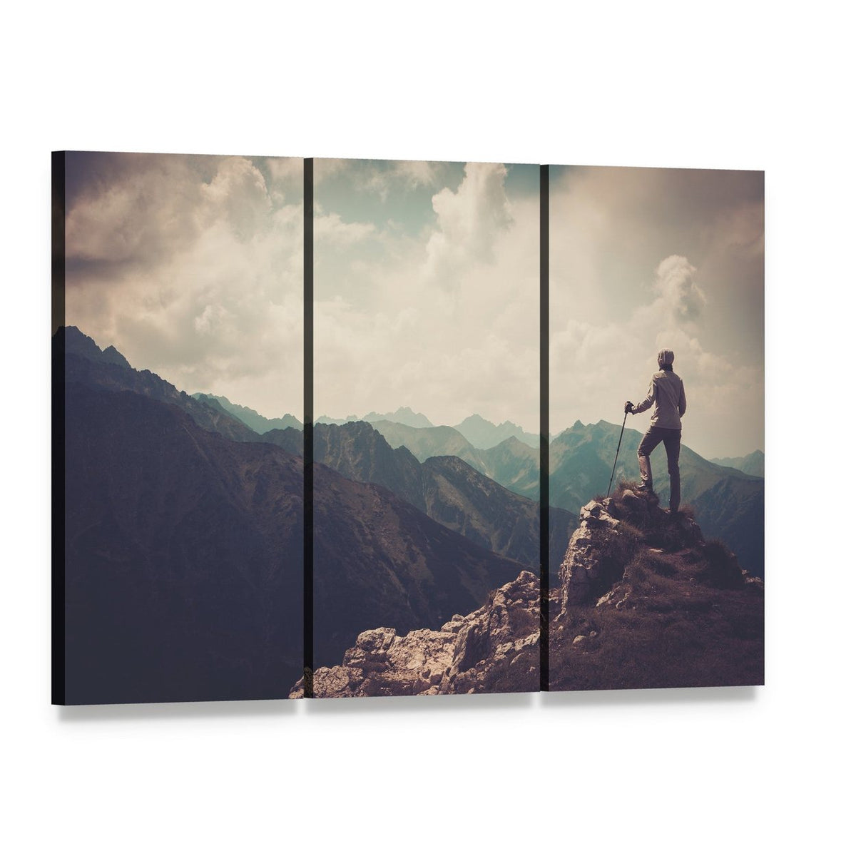 Woman Hiker on Mountain Summit Canvas Wall Art, 3 panel 3 Horizontal layout gallery wrapped canvas set, angled product view