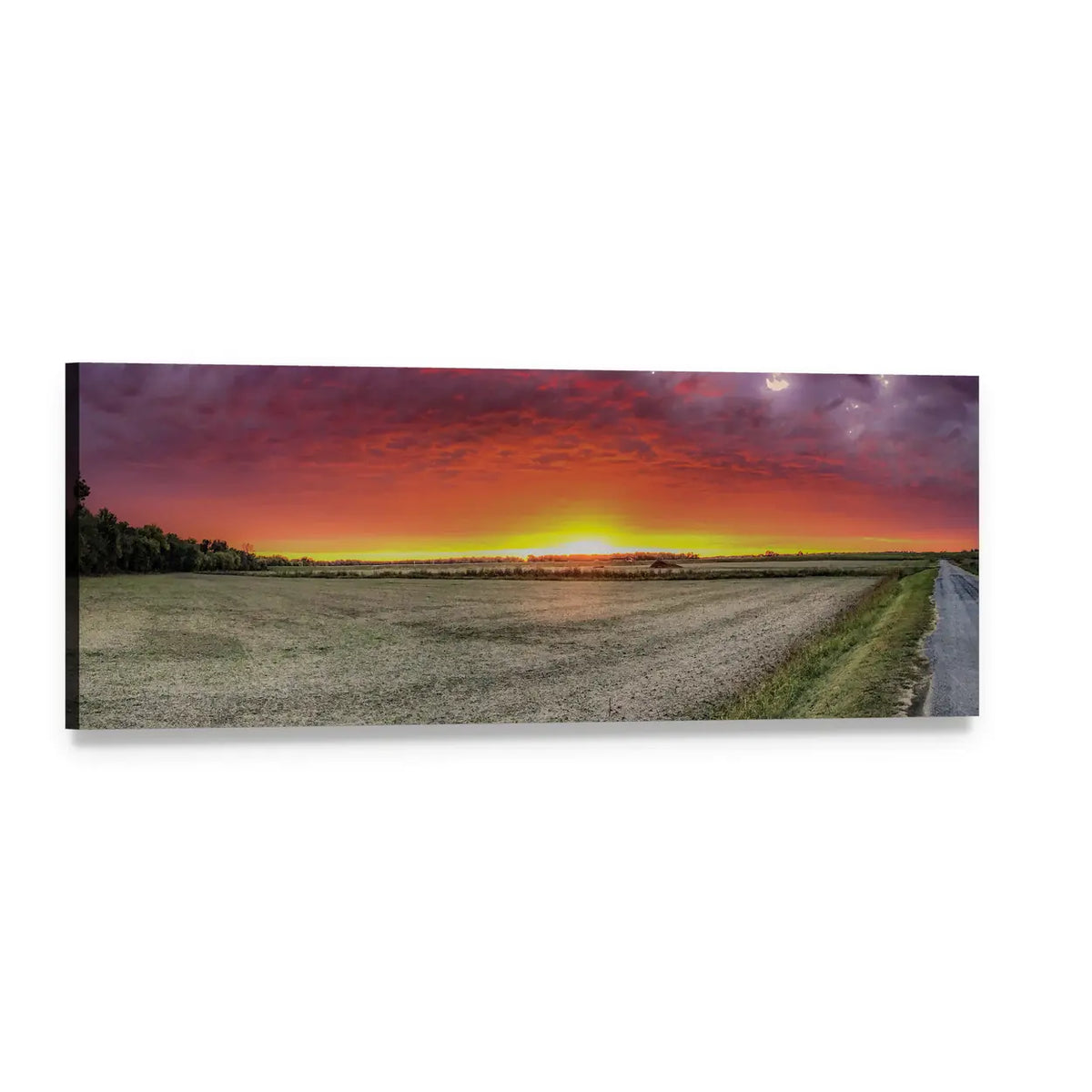Summer Field at Sunset Panoramic Canvas Wall Art, single panel gallery wrapped canvas, angled product view