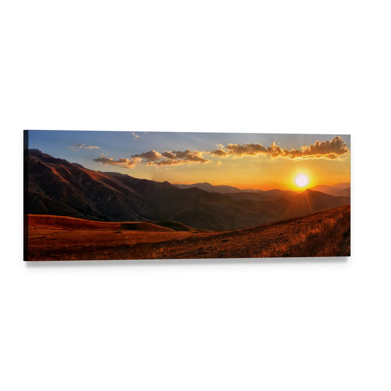 Golden Sunset Over Mountain Range Panoramic Canvas Wall Art, single panel gallery wrapped canvas, angled product view