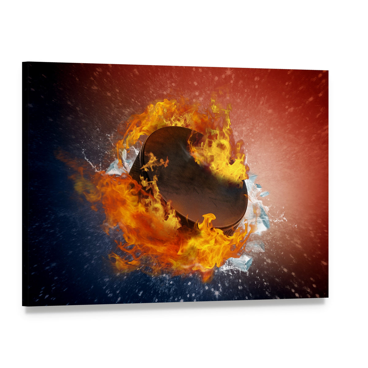 Flaming Hockey Puck Close-up Canvas Wall Art, single panel gallery wrapped canvas, angled product view