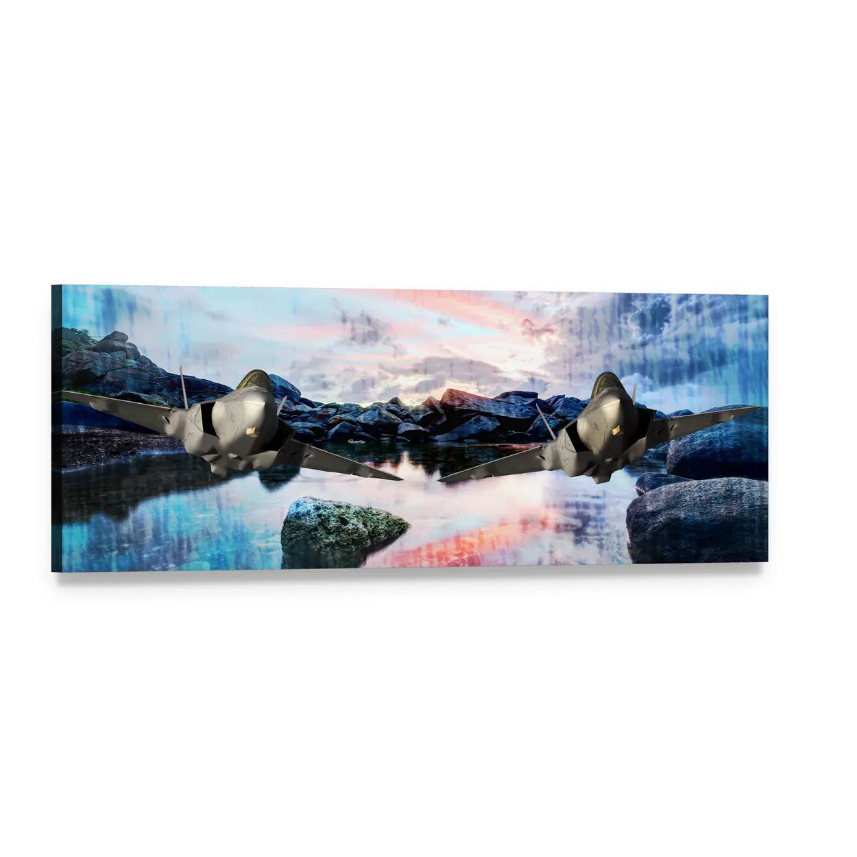 Stealth Fighter Jets Over Mountain Lake Panoramic Canvas Wall Art, single panel gallery wrapped canvas, angled product view