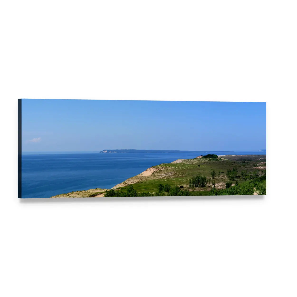 Lake Michigan Beach View Panoramic Canvas Wall Art, single panel gallery wrapped canvas, angled product view
