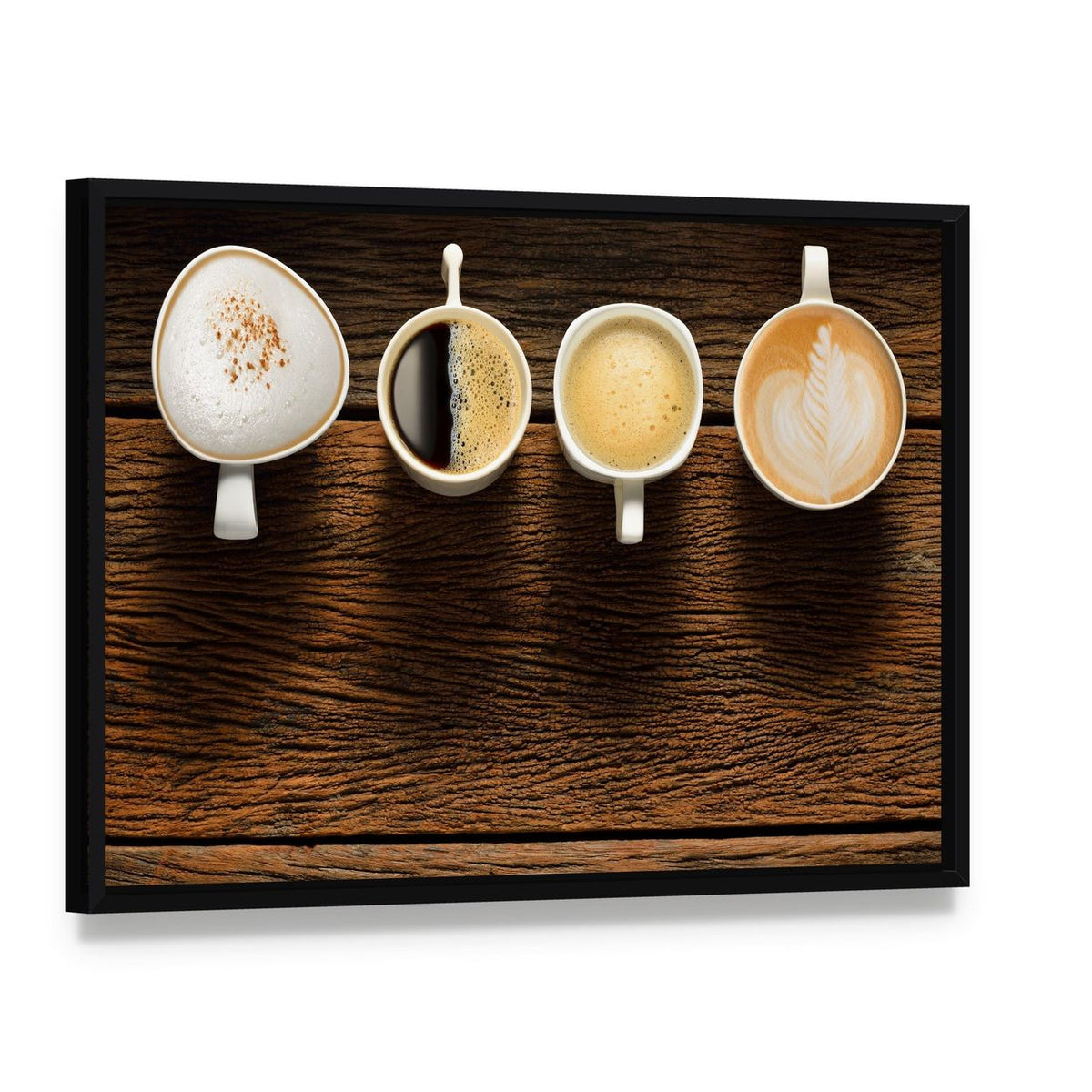 Variety of Coffee Canvas Wall Art, framed canvas in a black floater frame, angled product view