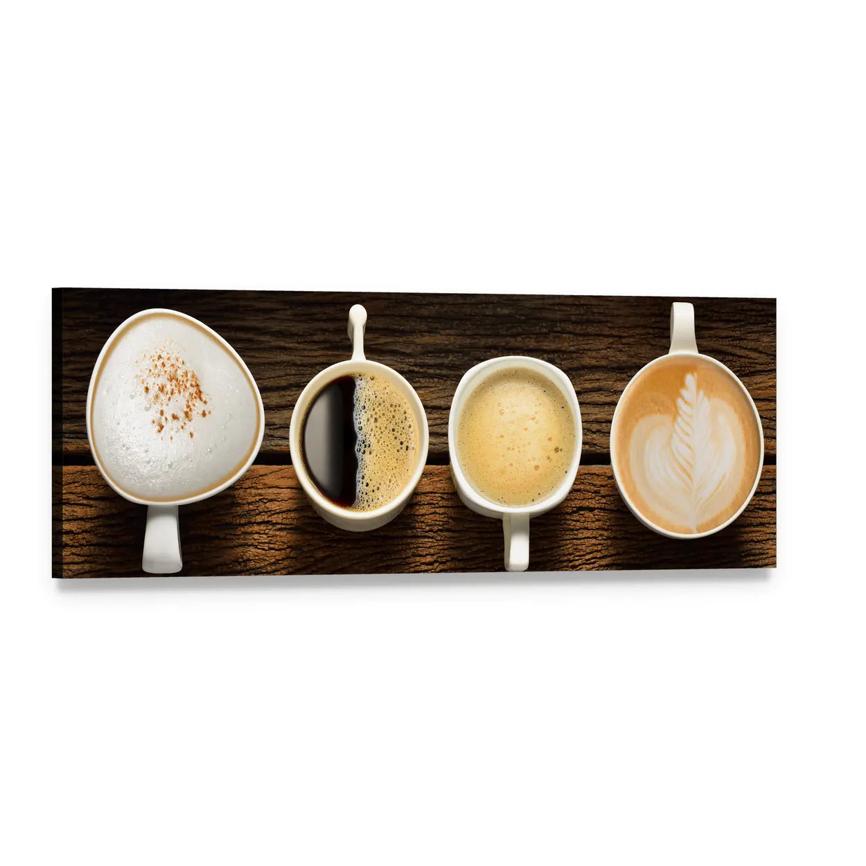Assorted Coffee Mugs with Latte Panoramic Canvas Wall Art, single panel gallery wrapped canvas, angled product view