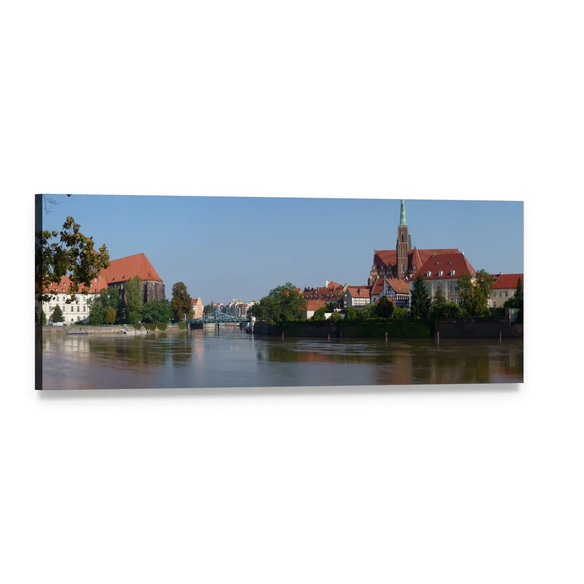 Poland Riverside Cityscape with Green Spire Panoramic Canvas Wall Art, single panel gallery wrapped canvas, angled product view