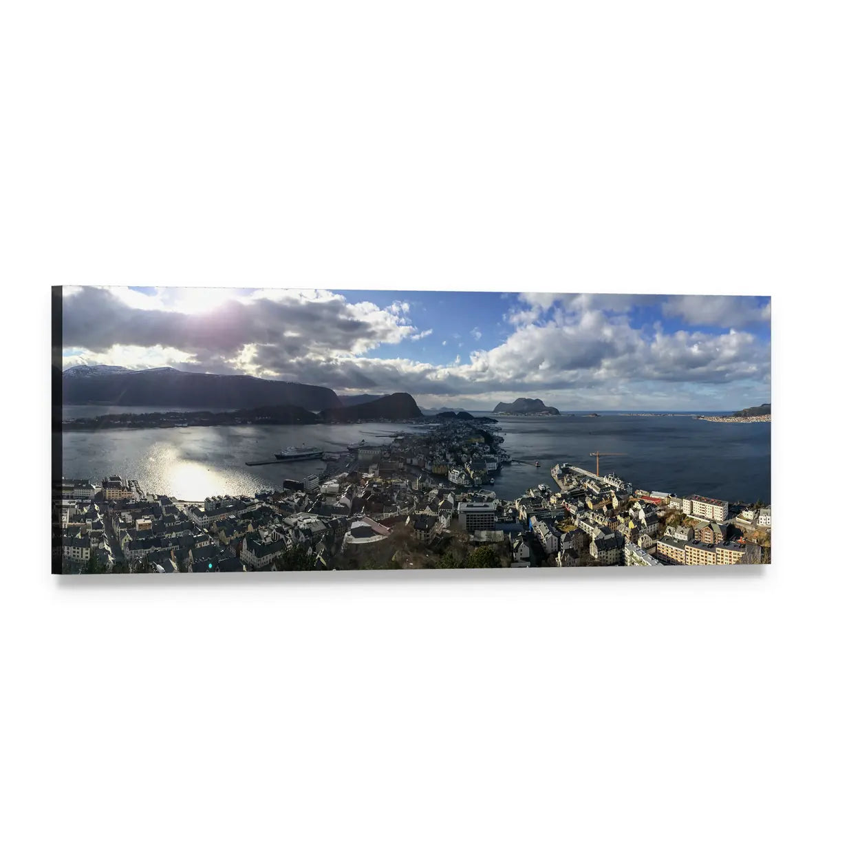 Norwegian Coastal Cityscape Panoramic Canvas Wall Art, single panel gallery wrapped canvas, angled product view