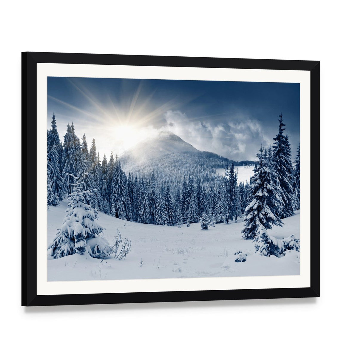 Winter Landscape and Snow Covered Trees Canvas Wall Art, framed print with white mat and black frame, angled product view