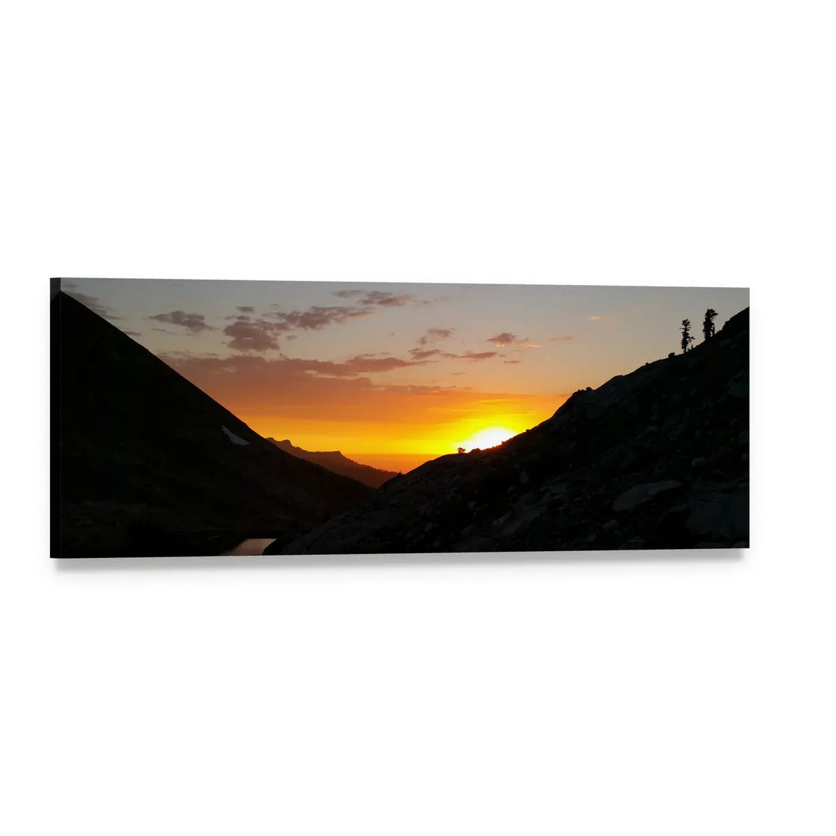 Sunset Mountain Range with Hikers Panoramic Canvas Wall Art, single panel gallery wrapped canvas, angled product view