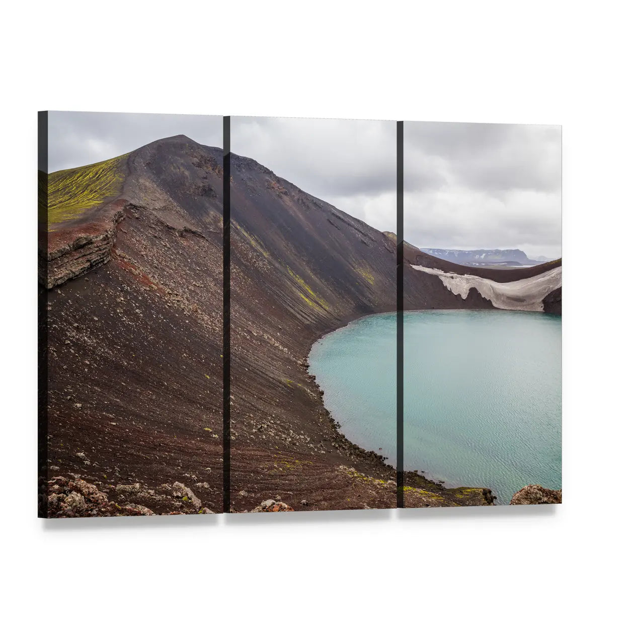 Volcanic Crater Lake in Iceland Canvas Wall Art, 3 panel 3 Horizontal layout gallery wrapped canvas set, angled product view