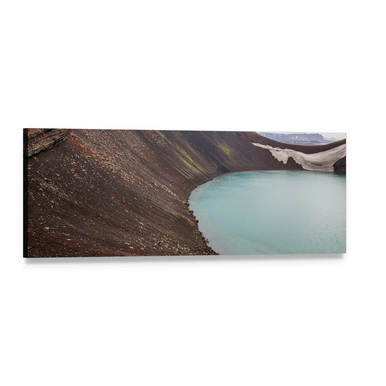 Volcanic Crater Lake in Iceland Panoramic Canvas Wall Art, single panel gallery wrapped canvas, angled product view