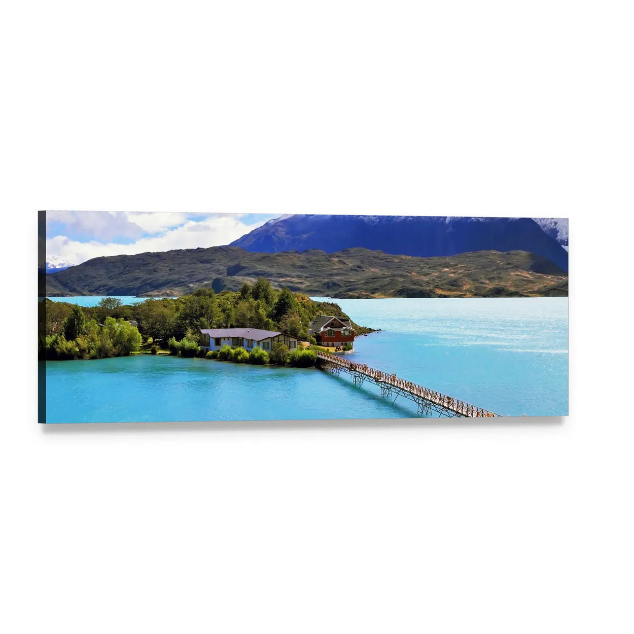 Island with Wooden Footbridge Over Turquoise Lake Panoramic Canvas Wall Art, single panel gallery wrapped canvas, angled product view