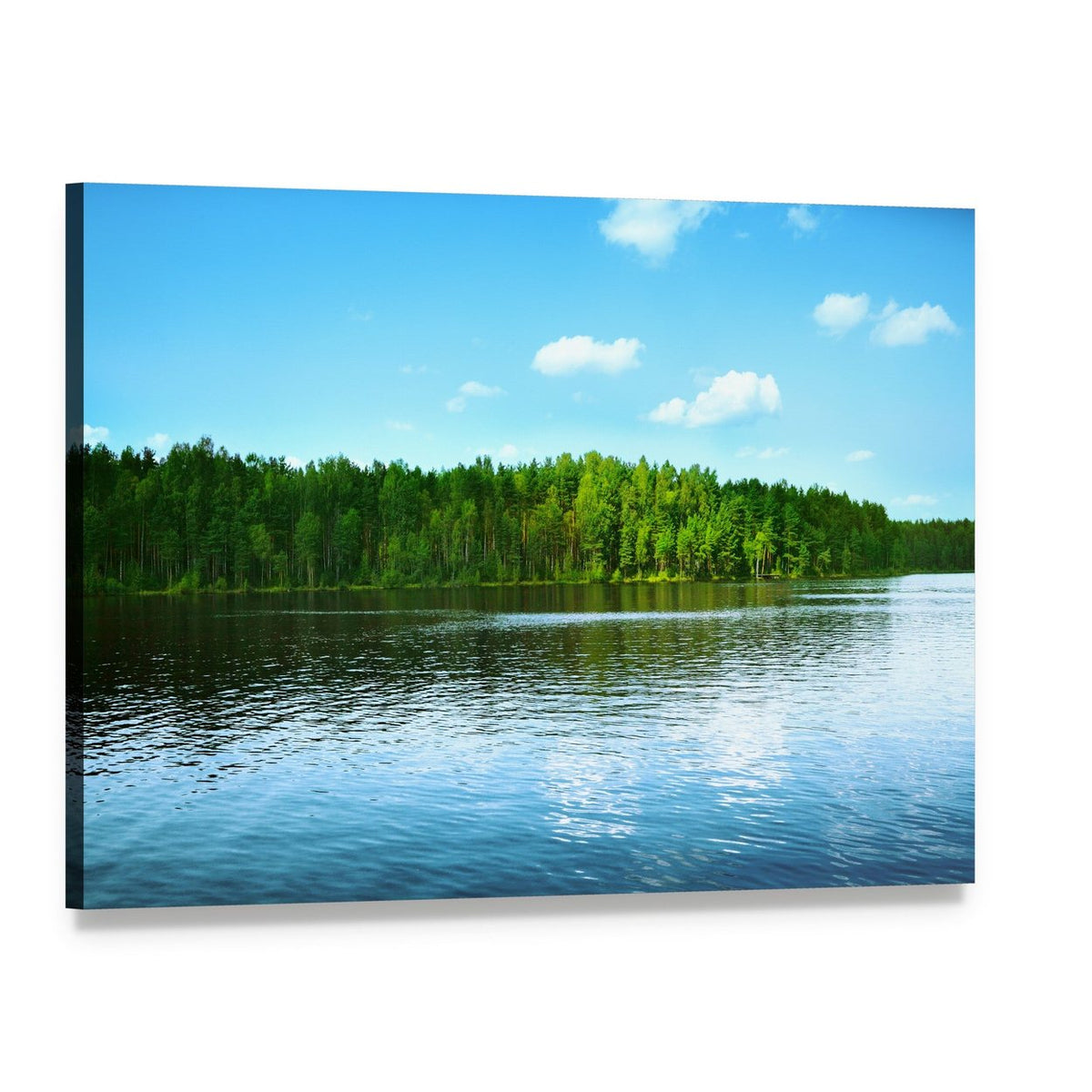 Forest and Lake with Treeline Reflection Canvas Wall Art, single panel gallery wrapped canvas, angled product view