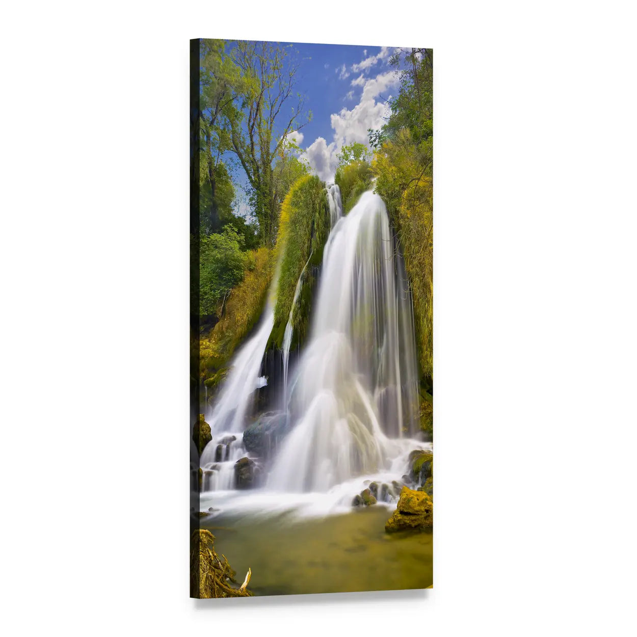 Autumn Forest Waterfall Vertical Canvas Wall Art, 1 panel 1 Vertical layout gallery wrapped canvas set, angled product view