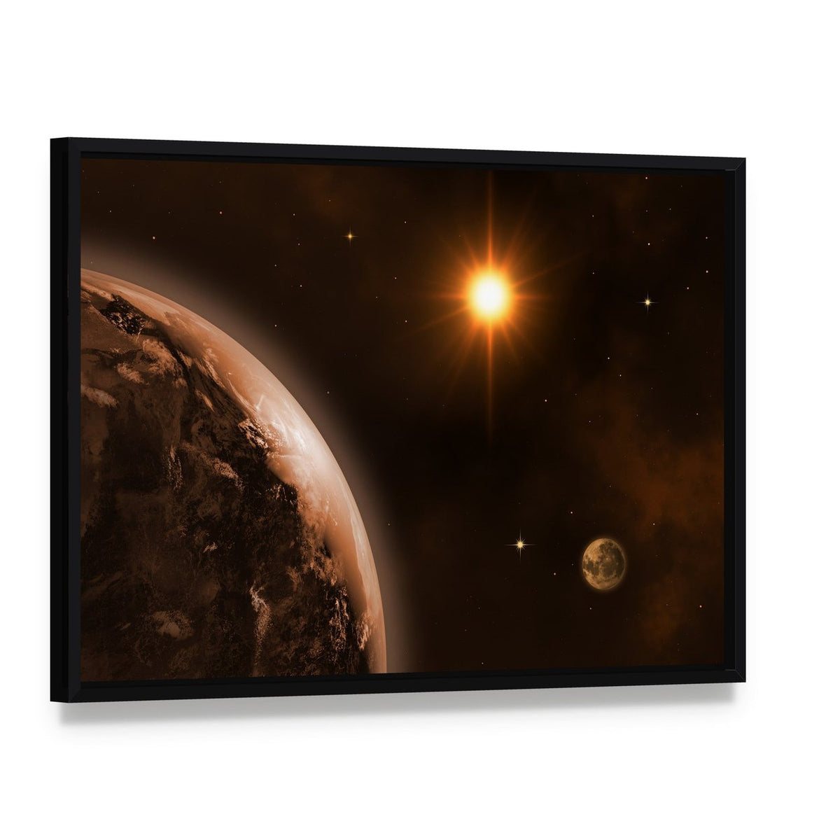 Sun Moon and Earth Canvas Wall Art, framed canvas in a black floater frame, angled product view