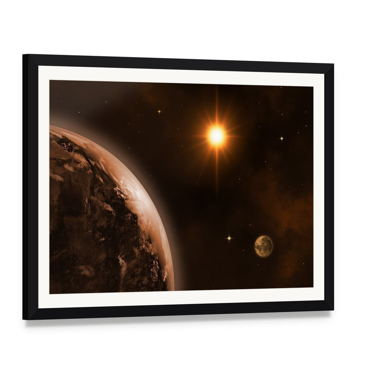 Sun Moon and Earth Canvas Wall Art, framed print with white mat and black frame, angled product view