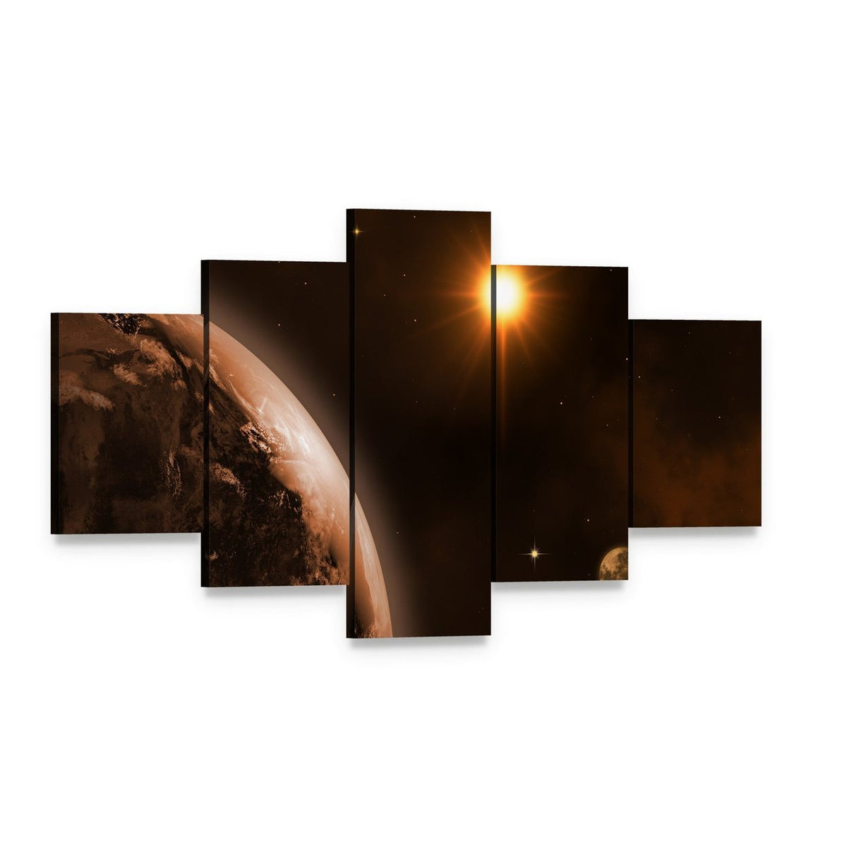 Sun Moon and Earth Canvas Wall Art, 5 panel 5 Star layout gallery wrapped canvas set, angled product view