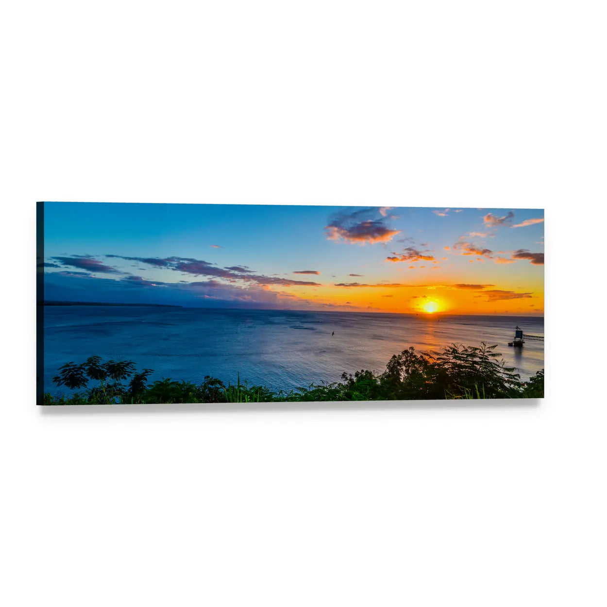 Sunset Over Sea with Silhouetted Boat Panoramic Canvas Wall Art, single panel gallery wrapped canvas, angled product view
