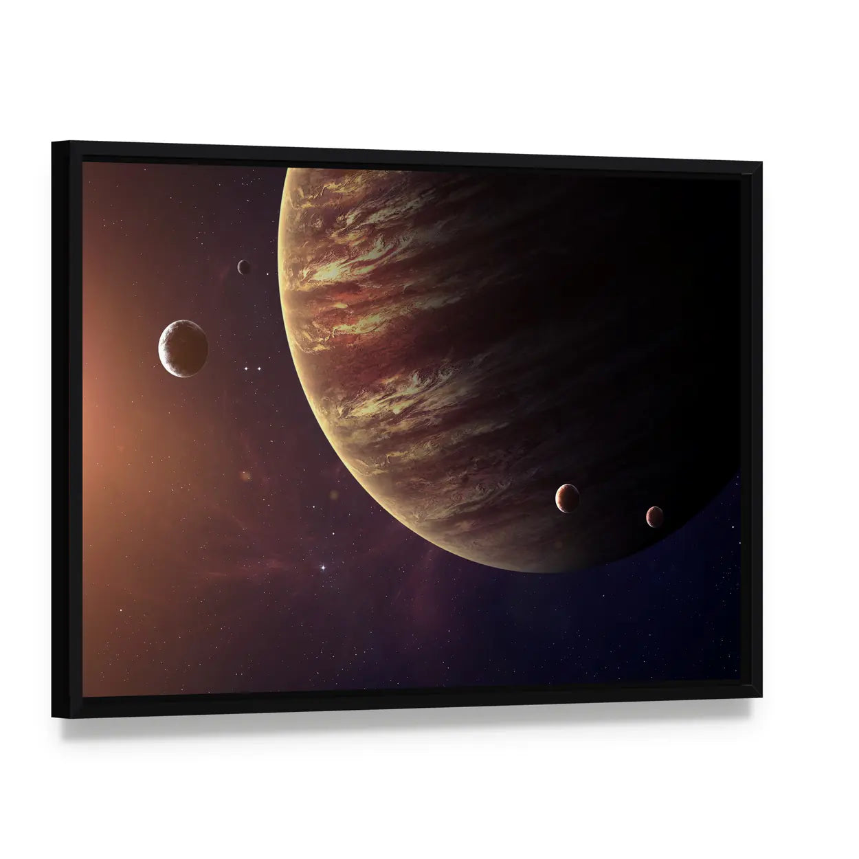 Jupiter with Its Moons Canvas Wall Art, framed canvas in a black floater frame, angled product view