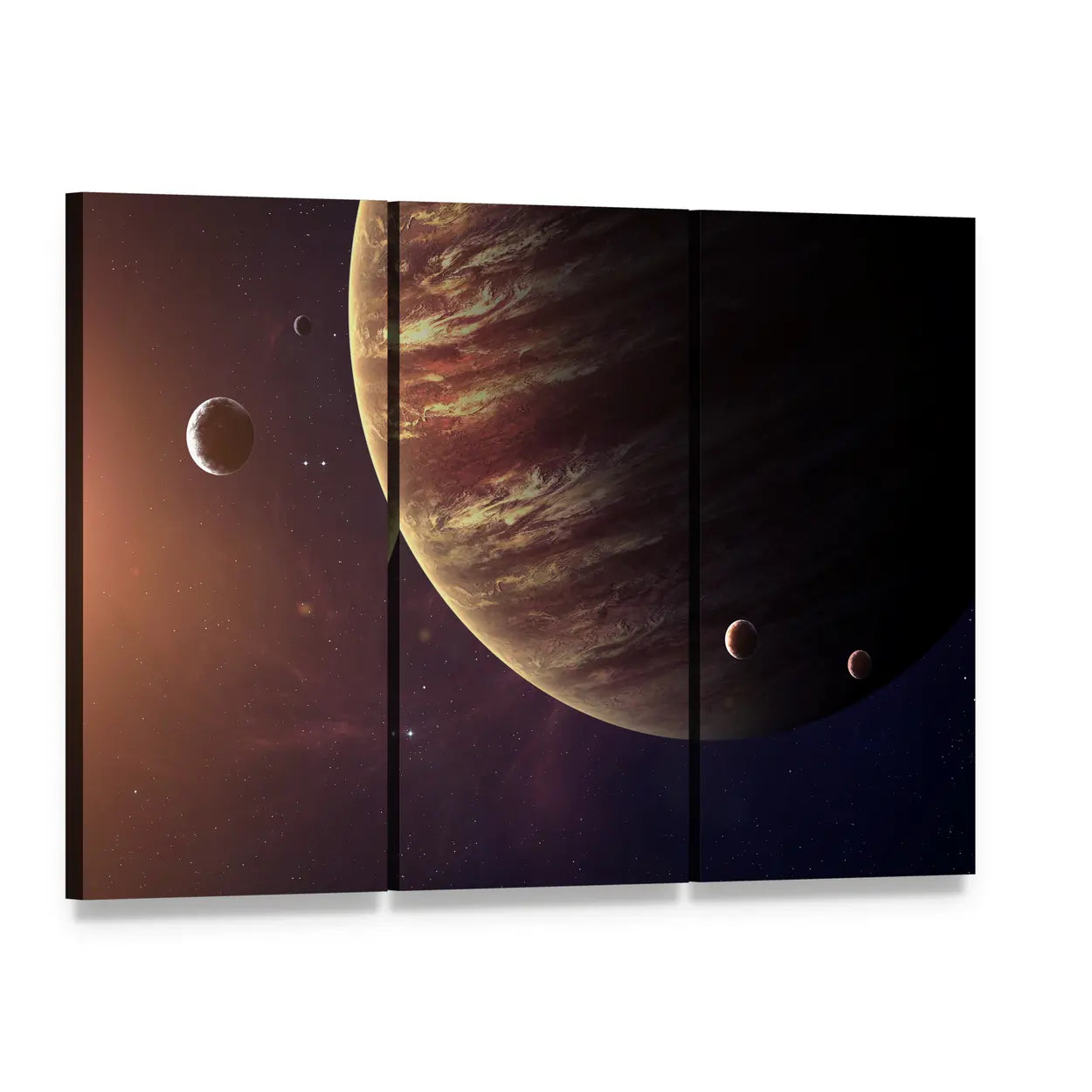Jupiter with Its Moons Canvas Wall Art, 3 panel 3 Horizontal layout gallery wrapped canvas set, angled product view