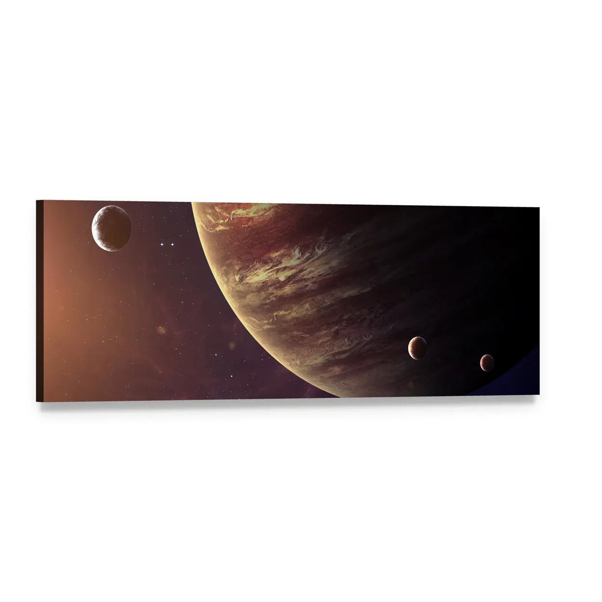 Jupiter with Three Moons Panoramic Canvas Wall Art, single panel gallery wrapped canvas, angled product view