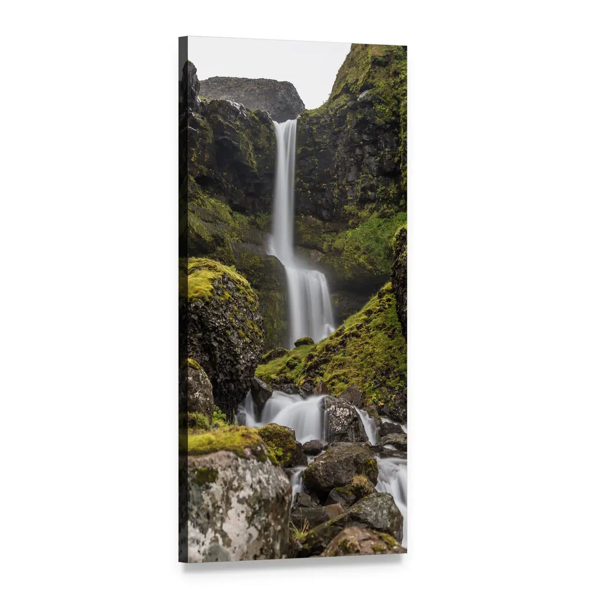 Daytime Waterfall with Mossy Rocks Vertical Canvas Wall Art, 1 panel 1 Vertical layout gallery wrapped canvas set, angled product view