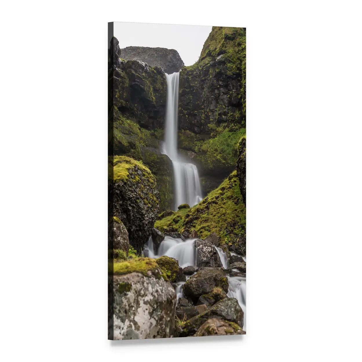 Daytime Waterfall with Mossy Rocks Vertical Canvas Wall Art, 1 panel 1 Vertical layout gallery wrapped canvas set, angled product view