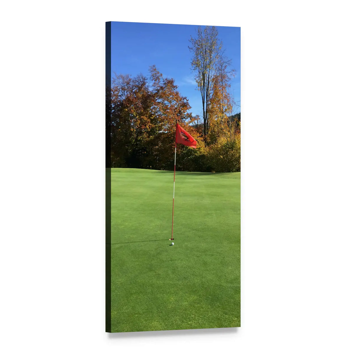 Golf Ball by Red Flag on Lush Green Vertical Canvas Wall Art, 1 panel 1 Vertical layout gallery wrapped canvas set, angled product view