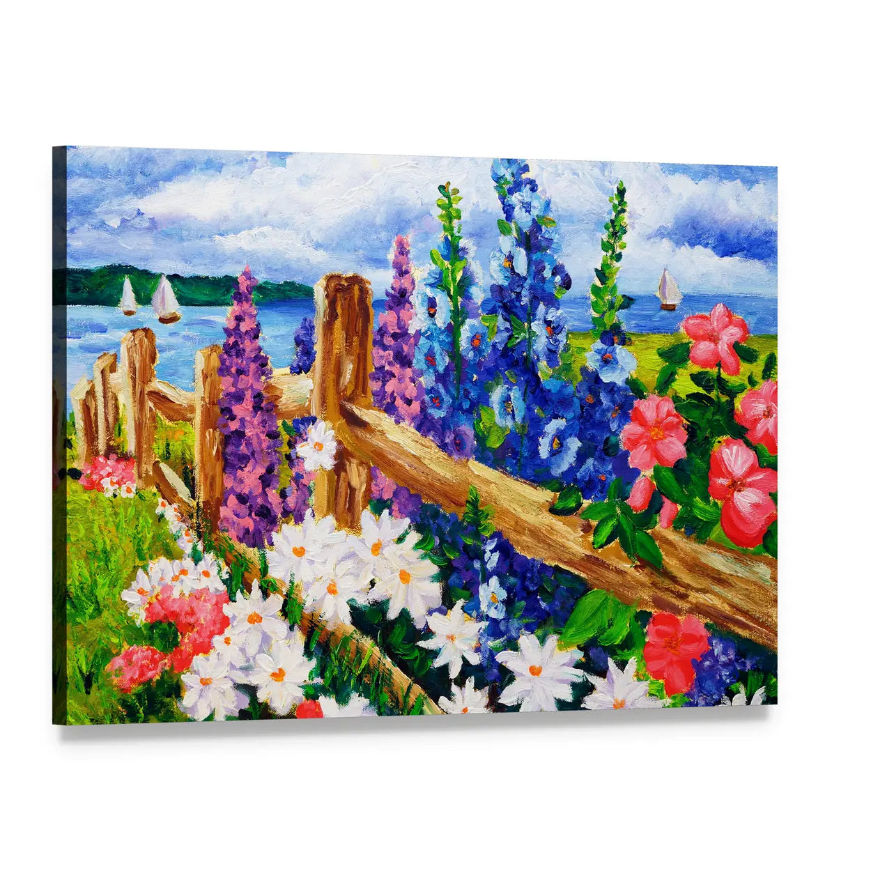 Summer Wildflowers by Split-rail Fence Canvas Wall Art, single panel gallery wrapped canvas, angled product view