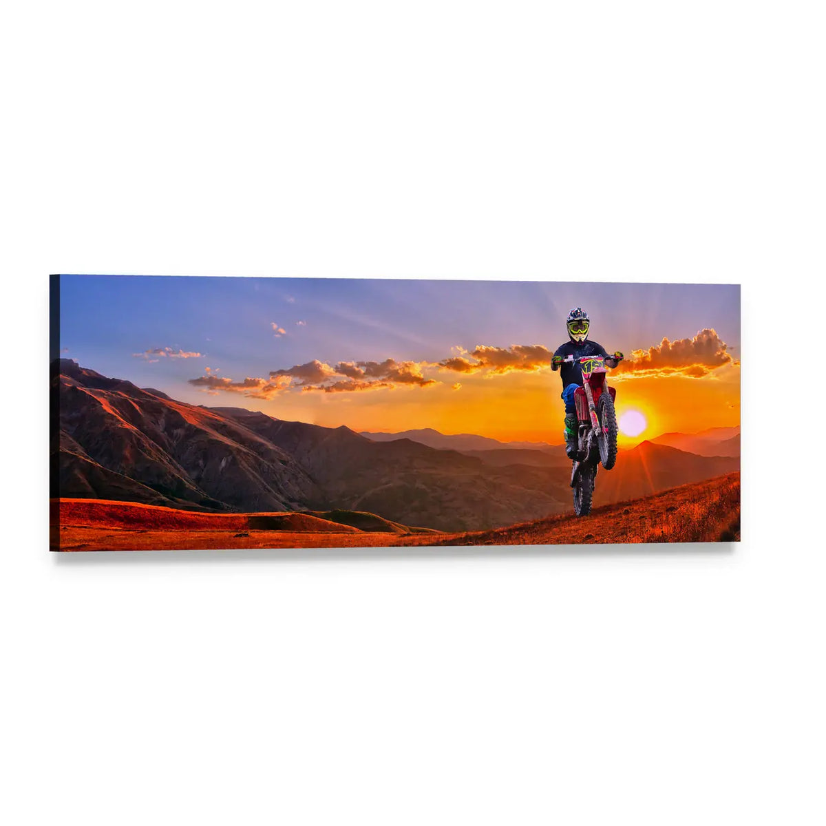 Motocross Rider Wheelie at Sunset Panoramic Canvas Wall Art, single panel gallery wrapped canvas, angled product view
