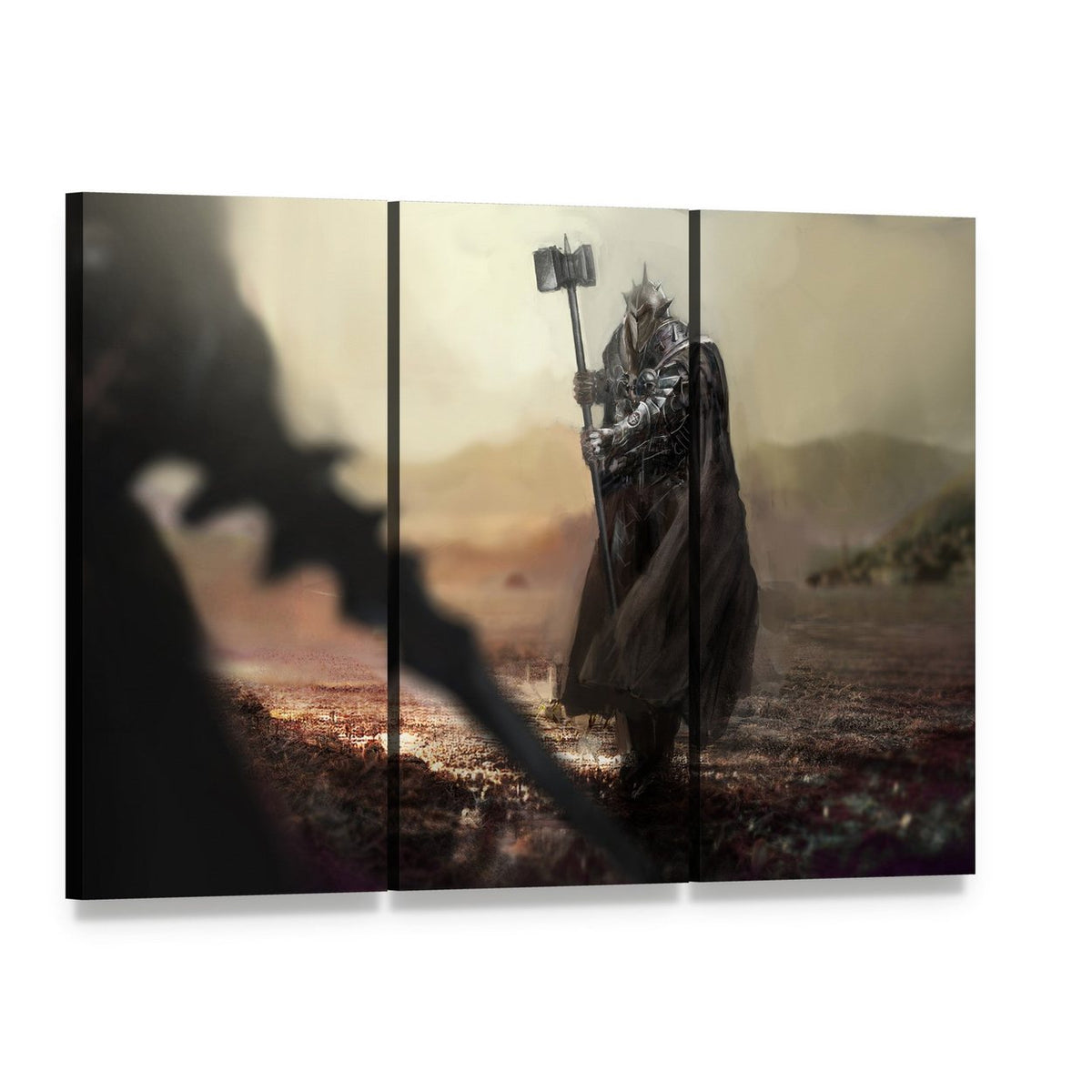 Evil Knight Vs Good Knight Canvas Wall Art, 3 panel 3 Horizontal layout gallery wrapped canvas set, angled product view