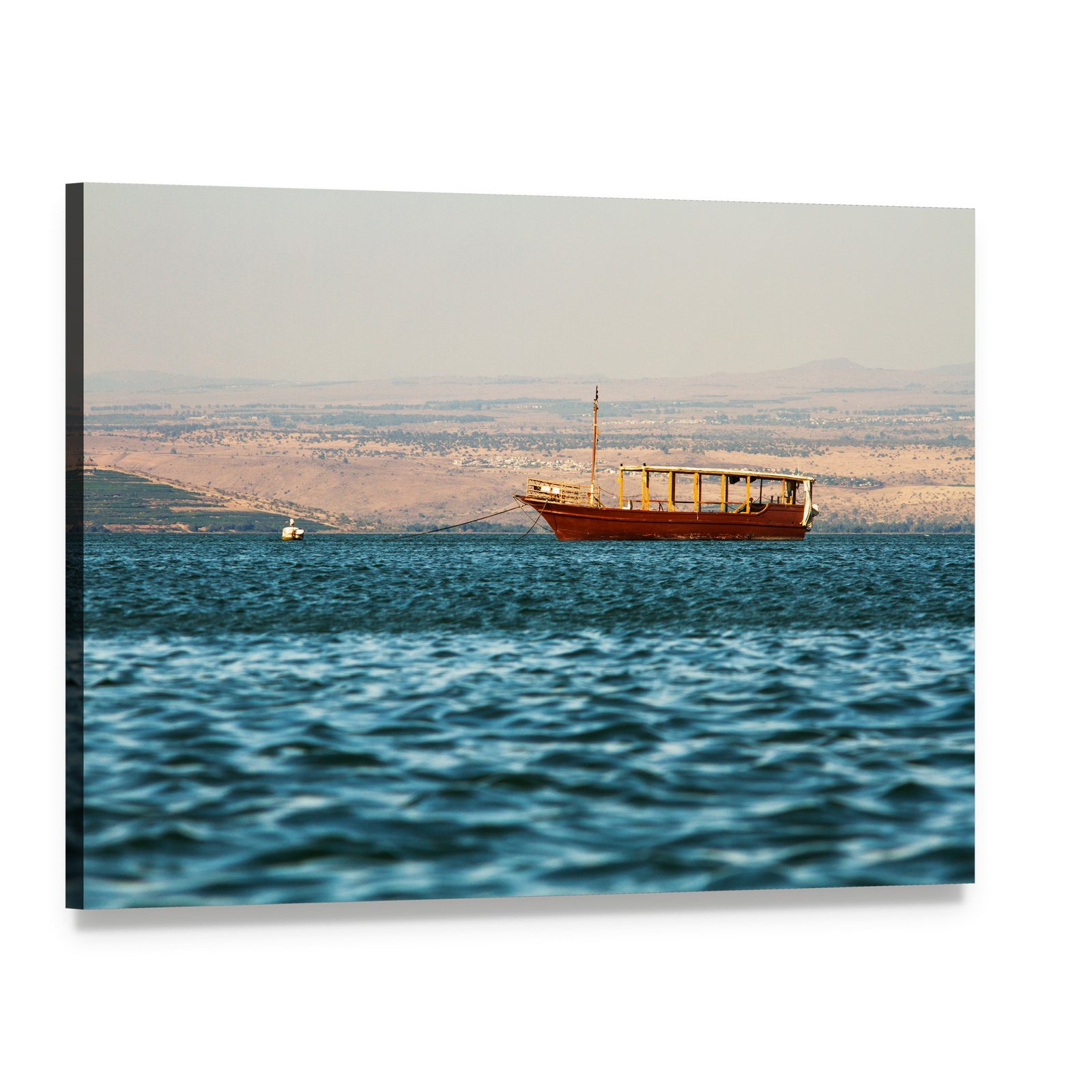 Wooden Boat on Calm Sea Canvas Wall Art, single panel gallery wrapped canvas, angled product view