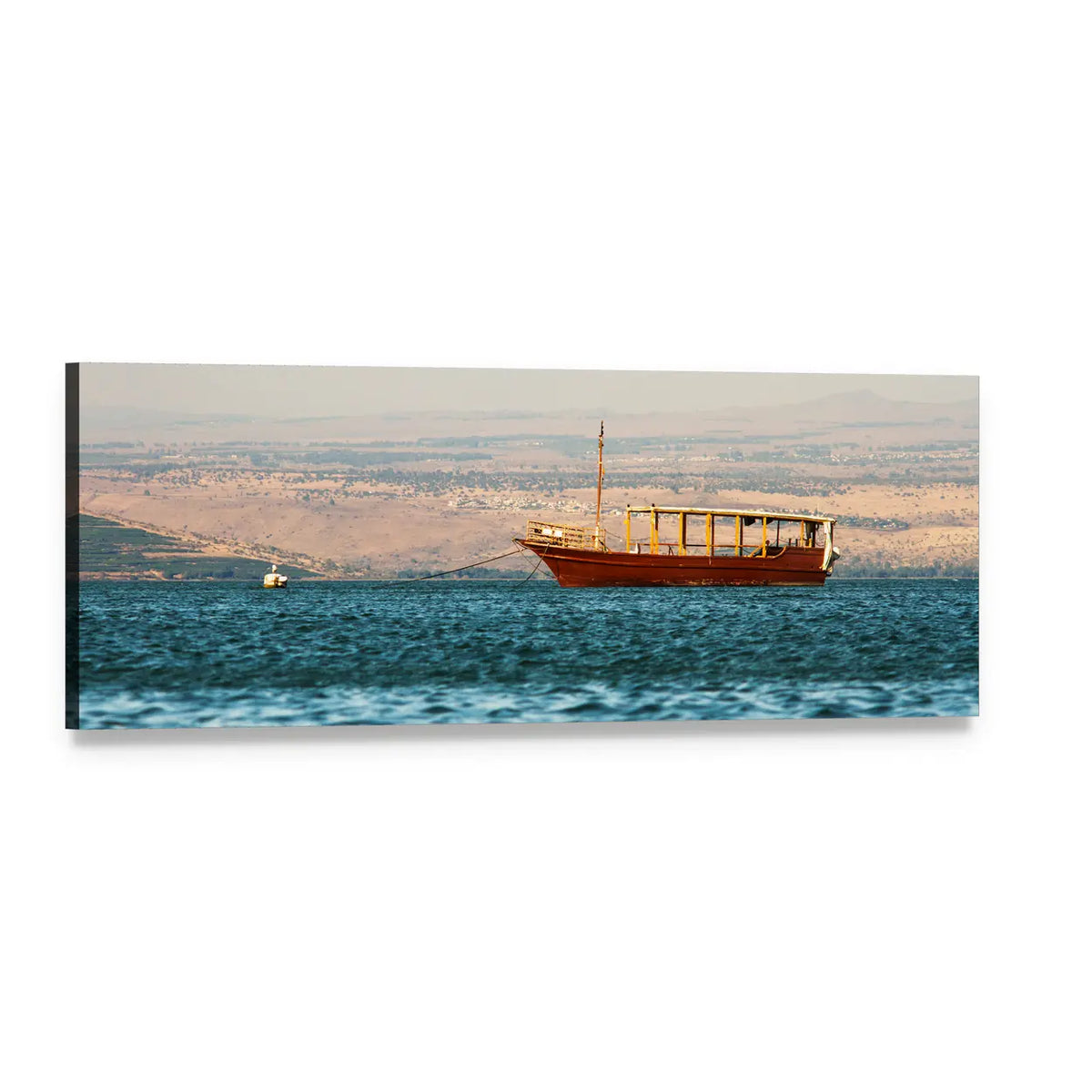 Wooden Dhow on Rippling Sea Panoramic Canvas Wall Art, single panel gallery wrapped canvas, angled product view