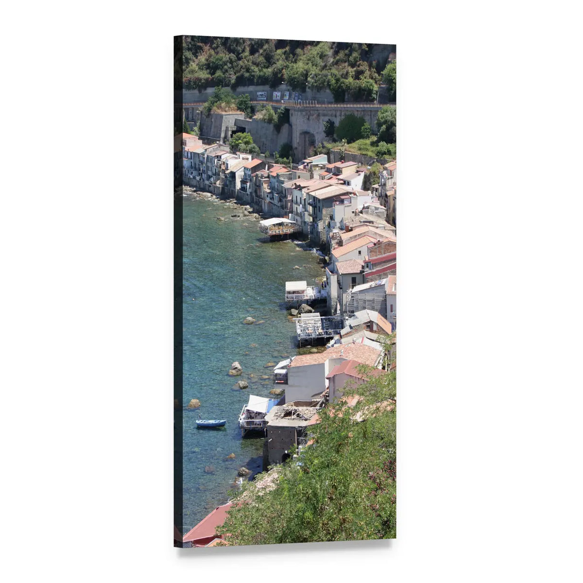 Mediterranean Village with Stone Arch Bridge Vertical Canvas Wall Art, 1 panel 1 Vertical layout gallery wrapped canvas set, angled product view