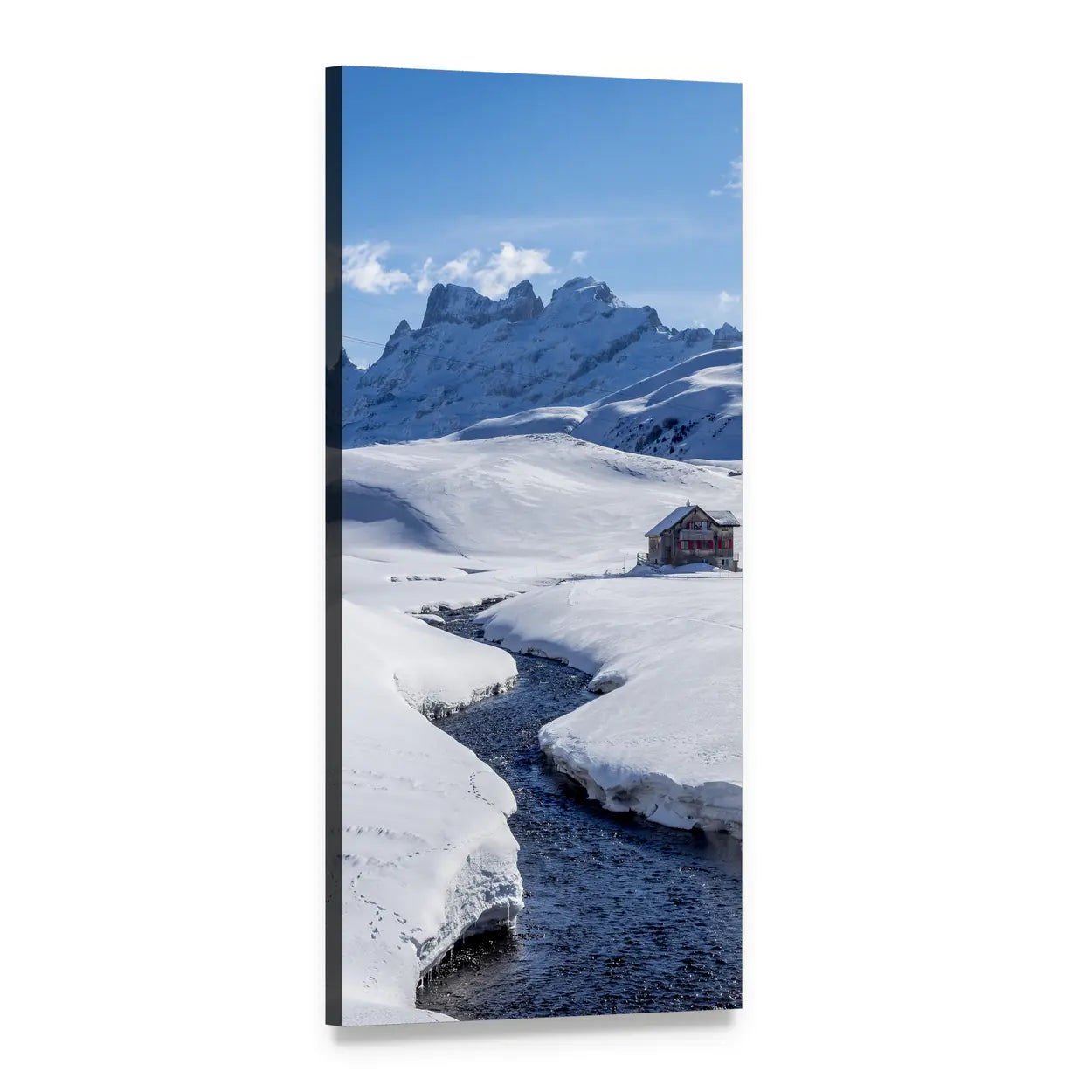 Winter Mountain Stream with Cabin Vertical Canvas Wall Art, 1 panel 1 Vertical layout gallery wrapped canvas set, angled product view