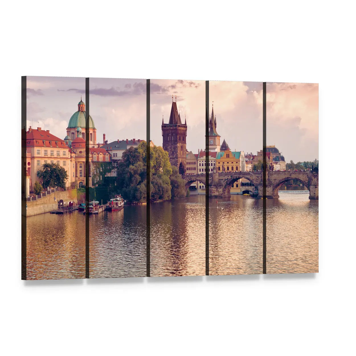 Charles Bridge Over the Vltava, Prague Canvas Wall Art, 5 panel 5 Horizontal layout gallery wrapped canvas set, angled product view